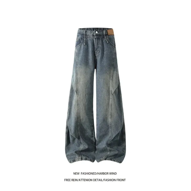 Men 2026 American Style Wide Leg Scimitar Jeans Contrast Stitch Spliced Pleated Design Loose Casual Long Denim Pants For Male — image 3