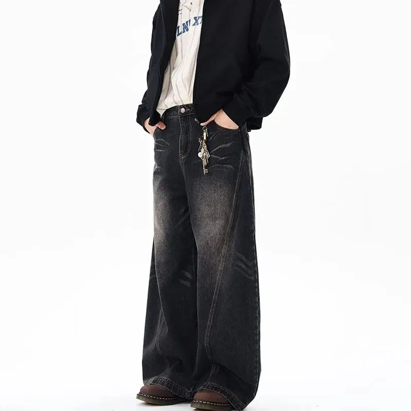 Spring New Men'S Jeans Wide Leg Pants Loose Machete Jeans Vintage Lightning Cracked Denim Trousers