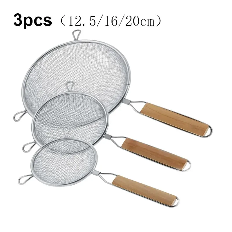 1-3pcs Wooden Handle Flour Sifter And Strainer Fine Mesh Stainless Steel for Home Baking Cooking Juice And Powder Filtering