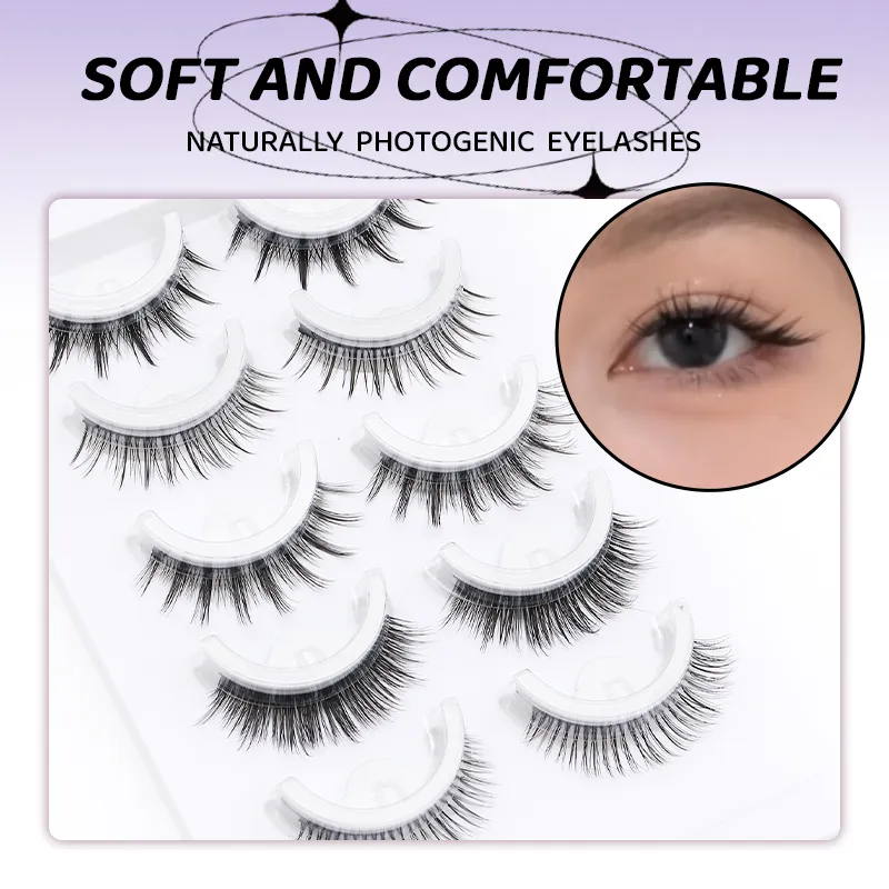 5 paires de faux cils auto-adhésifs Manga de Style mixte, sans colle, bande naturelle réutilisable, pour le maquillage quotidien des yeux