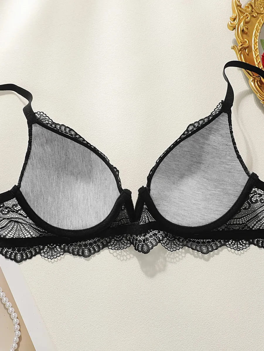 Ladies' elegant perspective deep V-ring bra with full coverage and lifting semi lace texture pure black low cut underwear L093
