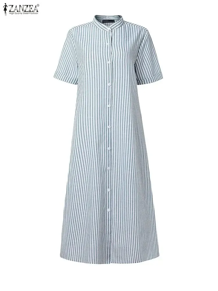 Women's Casual Striped Midi Dresses Stand Collar Short Sleeve Buttons Shirtdress Spring Summer Holiday Woman Clothes 3XL — image 3