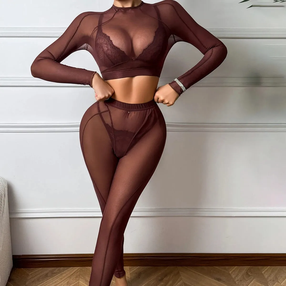 Comfortable backless long sleeved transparent mesh shaping sexy lace triangle cup lingerie split set — image 3
