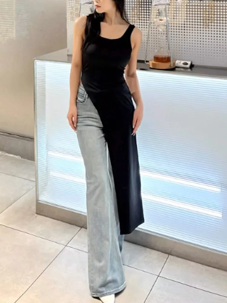 Summer personality trend slim fit solid color street niche irregular asymmetrical hem sleeveless camisole vest dress