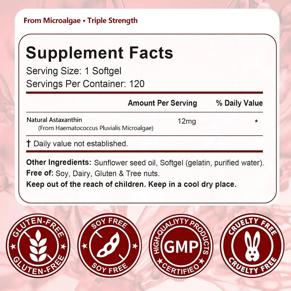 Astaxanthin 12mg 120 Softgels Triple Strength Premium Antioxidant Supplements Support Eye Skin Joint & Immune System Health — image 6