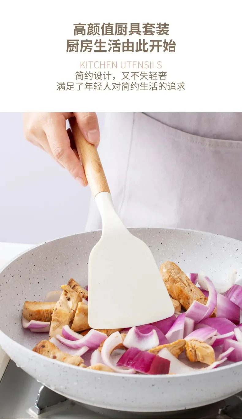 2/12Pcs White Silicone Kitchen Utensils Set with Wooden Handle Cookware Spatula Heat Resistant Non-stick Kitchen Cooking Tools — image 9