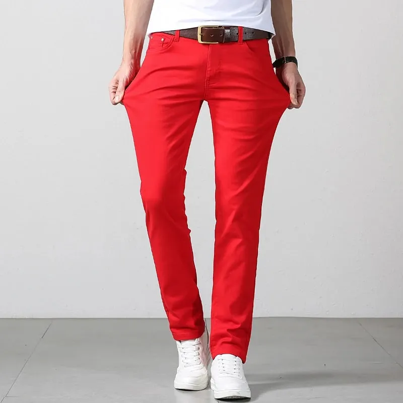 Elastic Cotton Slim Jeans Men Spring Korean Fashion Comfortable Casual Straight Leg Business Denim Trousers Yellow Pink Red — image 6