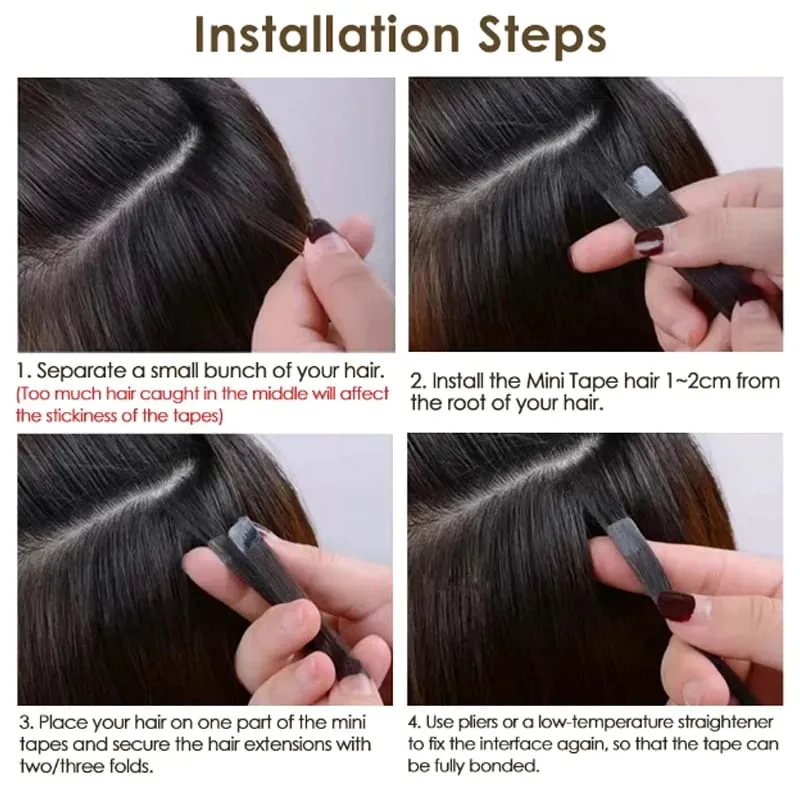 Mini Tape in Hair Extensions Human Hair 3x0.8cm Tiny Interface Tape Ins 360° Movement For Add Side Hair Volume Only 10pcs