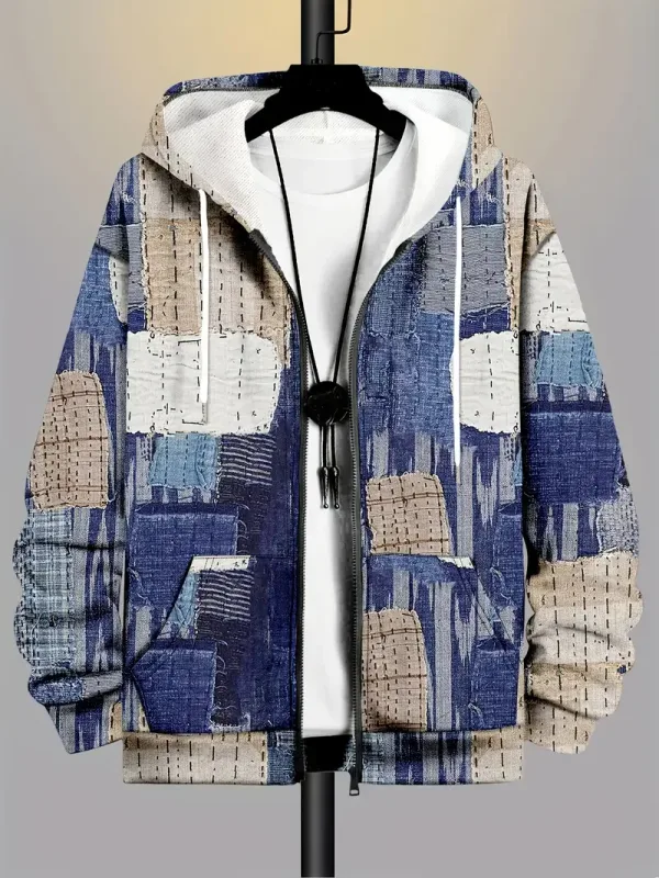 Retro Plaid Print Patchwork Zip Up Hoodie Men's Clothing Hot Style Long Sleeve Pullover Trend Streetwear Men Zip Up Hoodies