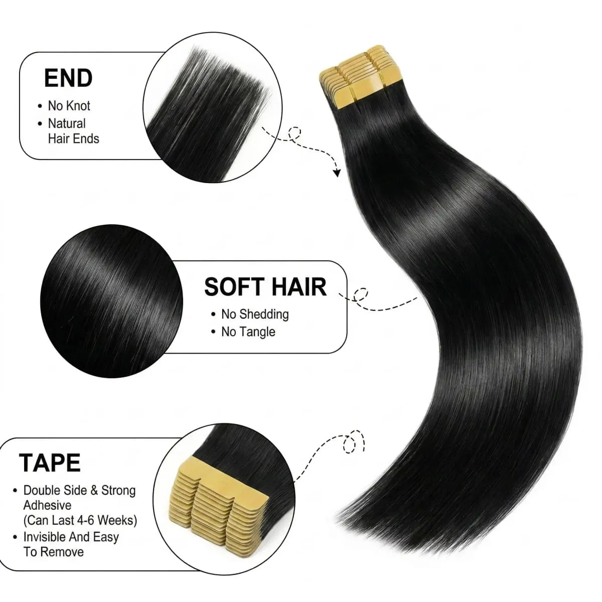 22 24 Inch Tape In Hair Extensions Human Hair Seamless Invisible Natural 1B Black Color 21Pcs/Pack 50g Remy Straight Brazilian 100% Pure Human Hair For Women