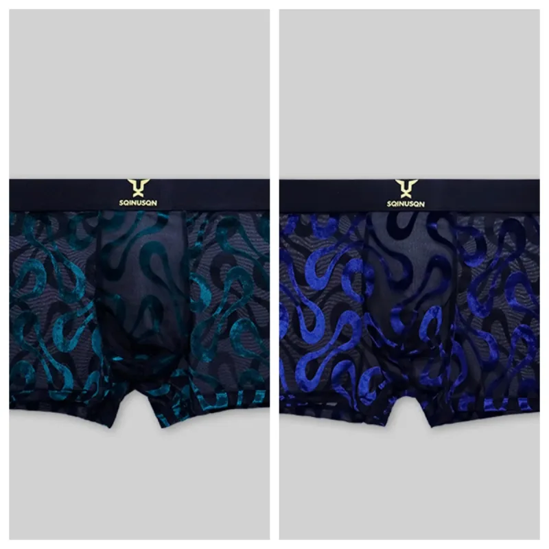 2PCS Seluar Boxer Berbondong-bondong Mesh Tipis Lelaki dengan Pinggang Anjal Lebar Regangan Tinggi Pelbagai Warna Pilihan Ditambah Saiz Pakaian Lelaki