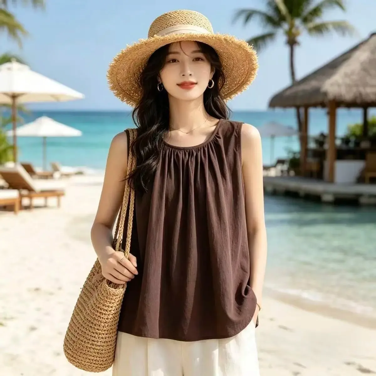 Street Casual Pleated Solid Simplicity All-match Tops Summer New Sleeveless Loose Elegant T Shirts Fashion Trend Women Clothing — image 7