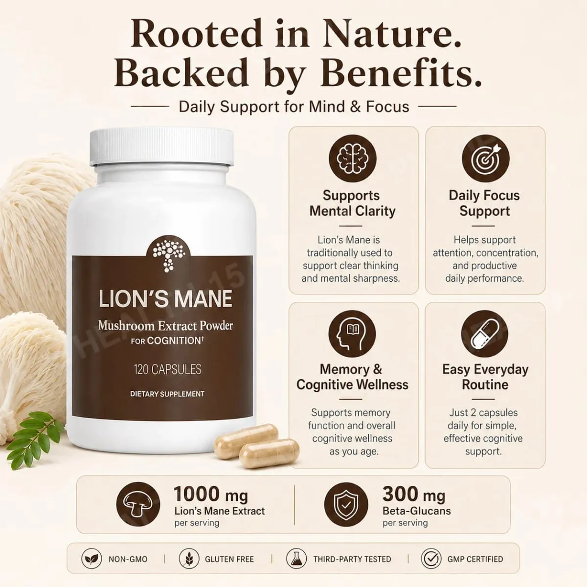 Lion's Mane Mushroom Extract 1000 mg with 300 mg Beta-Glucans Daily Focus and Wellness Support 120 Capsules 60 Servings