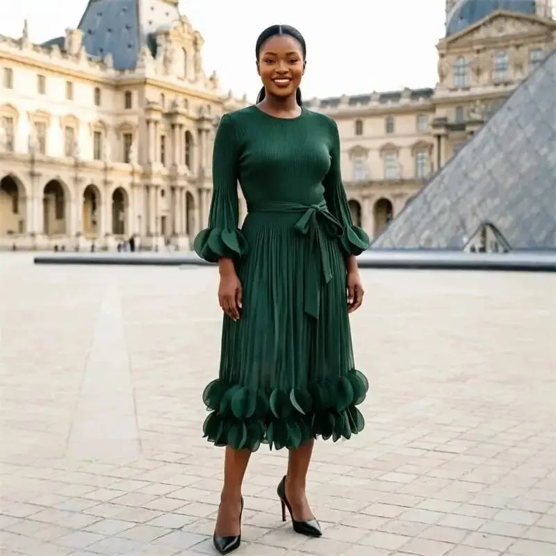 Niche Women's Pleated Dress Fashion Solid Color Elegant Round Embellishments Patchwork Design Famale Clothing 2DB8043 — image 3