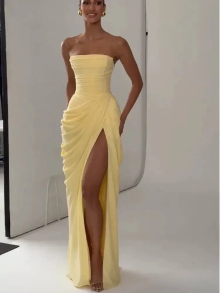Mulheres amarelo elegante sem alças vestido plissado sexy sem mangas cintura cinching split maxi vestidos 2026 senhora novos vestidos de festa à noite