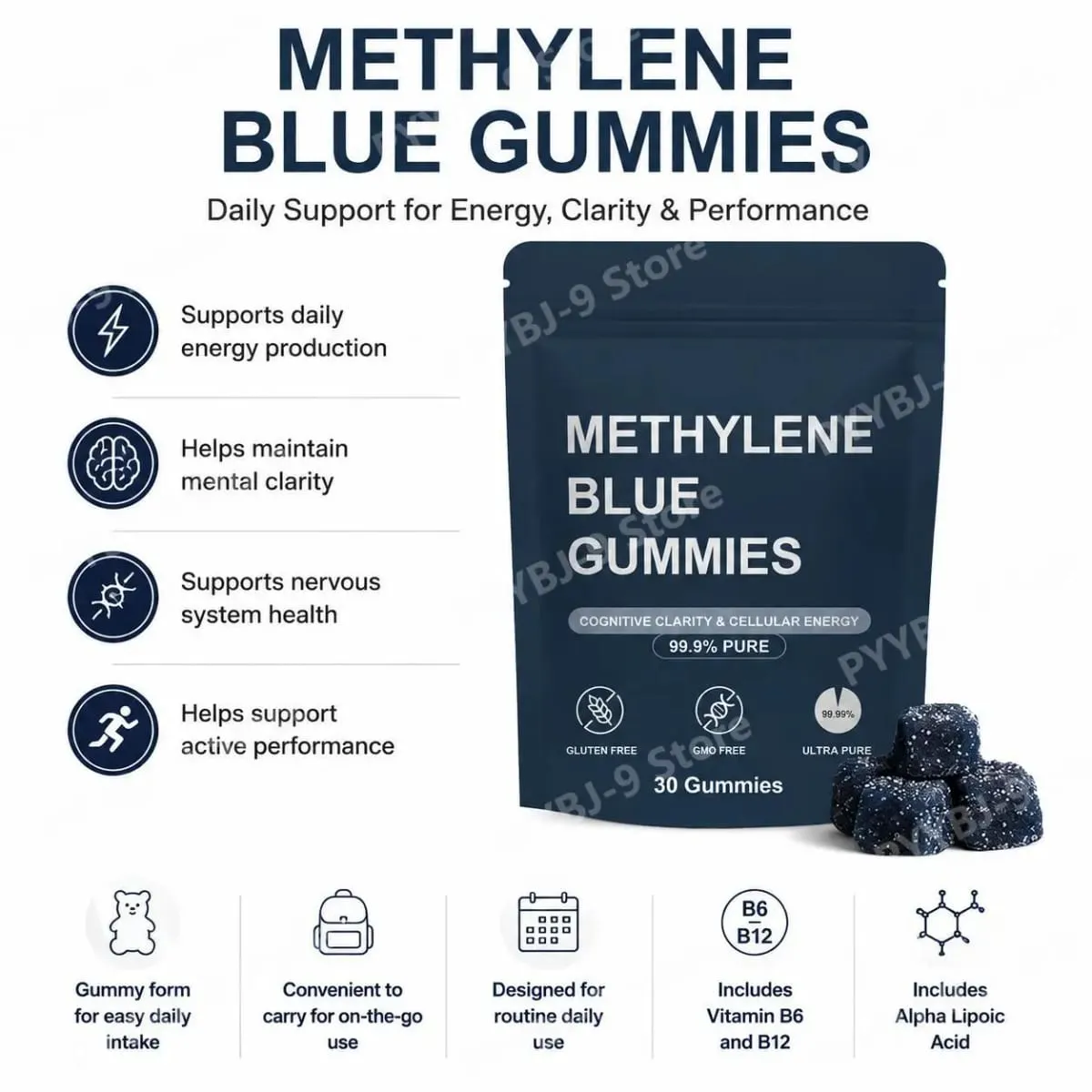 Methylene Blue Gummies with Benfotiamine Alpha Lipoic Acid Vitamin B6 & B12 for Mental Clarity and Nerve Health - 30 Gummies — image 2