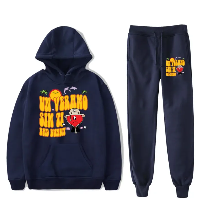 Comfortable Bad Bunny Un Verano Sin Ti logo Rapper Print Sweatshirt Sweatpants Suit Hoodies+Trousers Suit 2 Piece Set Clothes
