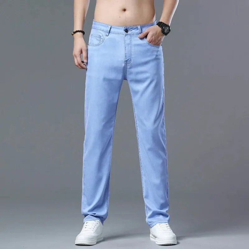 Lyocell Jeans Summer Ultra-Thin Elastic Straight Men's Denim Pants Fashion Korean Soft Drape Cool Business Casual Trousers