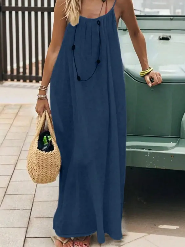 Large-Size Women's Pure-Color Backless Lace-Up Long Loose Casual Comfortable Camisole Dress