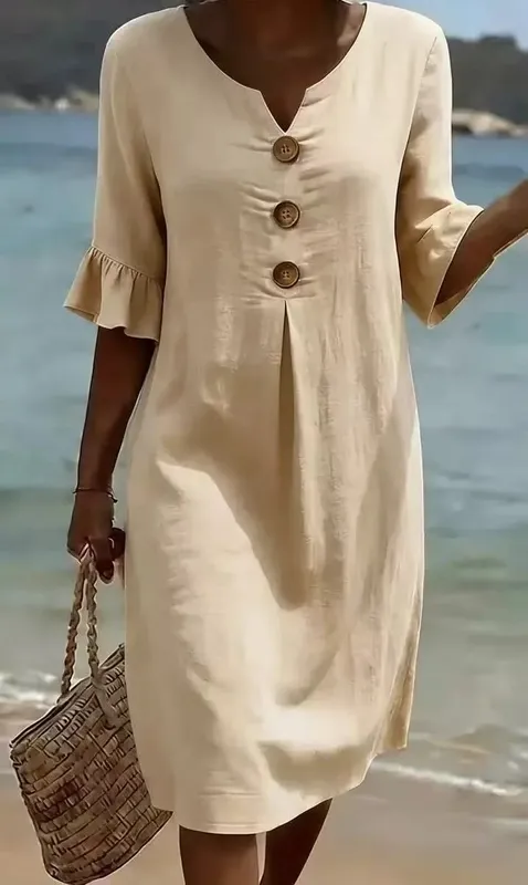 2026 Amazon European and American Cross-Border Spring and Summer New Cotton and Linen V-Neck Dress with Large Buttons and Ruffle — image 7
