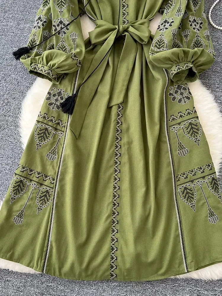Boêmio retro estilo étnico vestido feminino nova primavera outono bordado rendas até lanterna mangas cintura cinching vestido longo a155