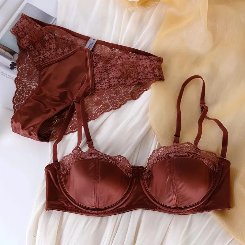 Sexy Lace Trim Half Cup Bra Thin 1/2 Cup Girly Comfort White Lingerie Set Large Size Women Bralette Underwear Sets