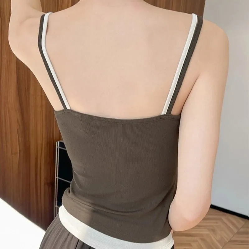 Spicy Girl Fake Two-piece Color Blocking Tank Top with Chest Pad Summer Spaghetti Strap Square Neck Button Casual Slim Fit Camis — image 6