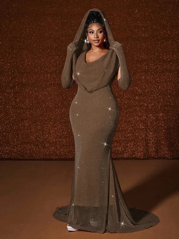 Plus Size Hat Sexy Waistband Hot Gold Fish Tail Swing Long Solid Colour Fishtail Slim Package Hip Dress Hooded