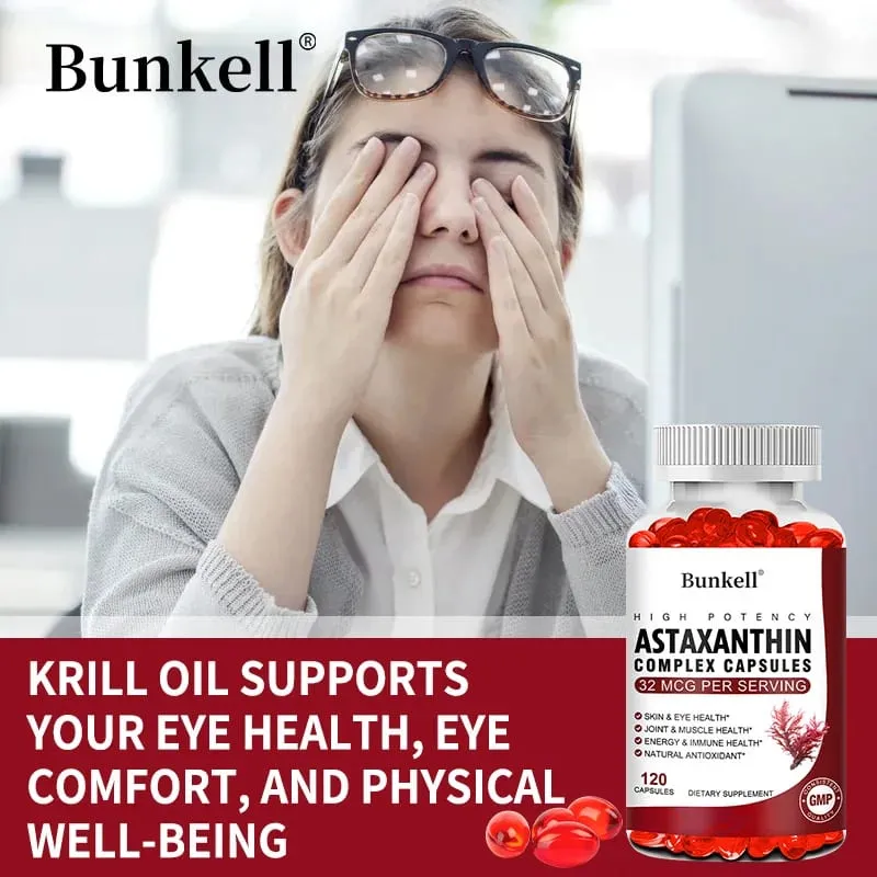 Bunkell Vegan Astaxanthin s rybím olejem a antioxidantem z antratického krilového oleje podporuje oční pokožku a buněčné zdraví Kapsle bez GMO