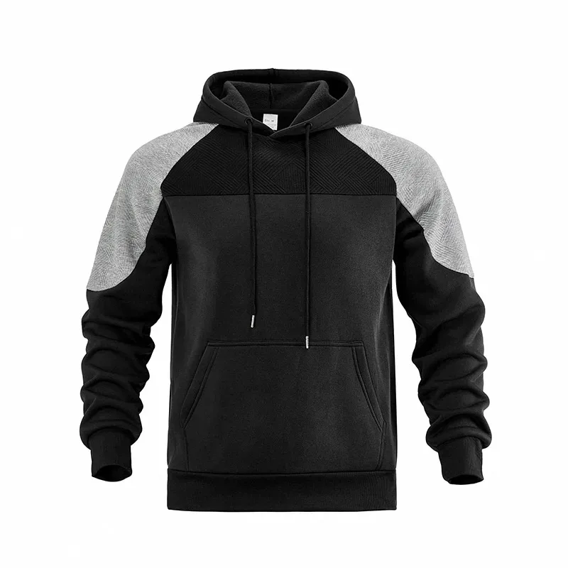 Autumn Winter Men Color Block Raglan Hoodie Textured Chest Panel Drawstring Kangaroo Pocket Loose Casual Streetwear Sweatshirt