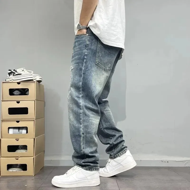 2025Heavy Duty Washed and Scraped Denim Men's Trendy High-end Embroidered Printed Loose Tapered Straight Leg Jeans