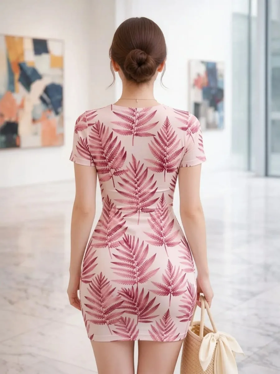 Womens Short Sleeve Bodycon Mini Dress Slim Fit Crew Neck Floral Print Casual Summer Party Weekend Lightweight Vacation Sundress — image 3