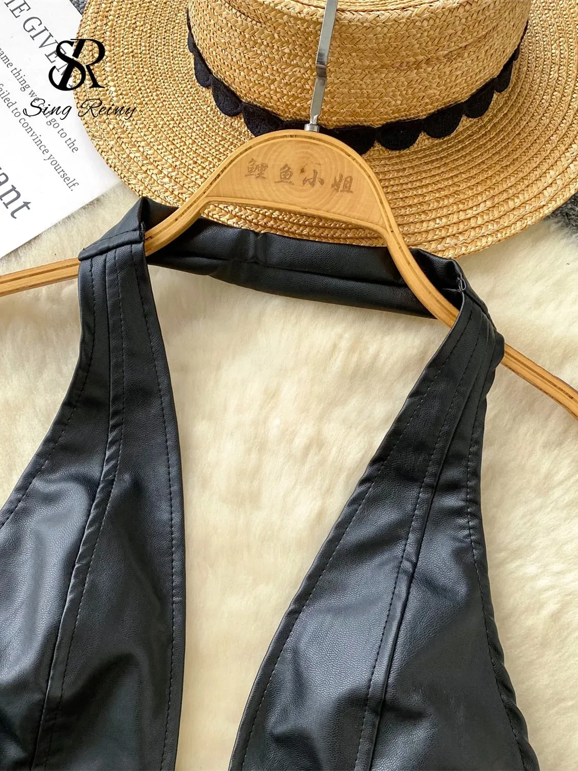 Halter PU Leather Vintage Top Women Deep V Neck Sleeveless Short Camisole Fashion Backless Lingerie Sexy Club Tank Top — image 3