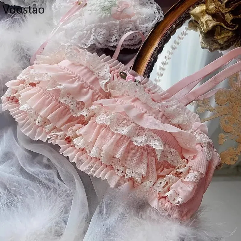 Japonês doce lolita estilo sutiã calcinha lingerie conjunto feminino sexy floral rendas babados briefs kawaii roupa interior calcinha conjuntos