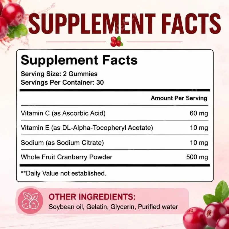 Cranberry Gummies for Urinary Tract Health Support with Vitamin C 40 Mg and Vitamin E 2.7 Mg 60 Gummies