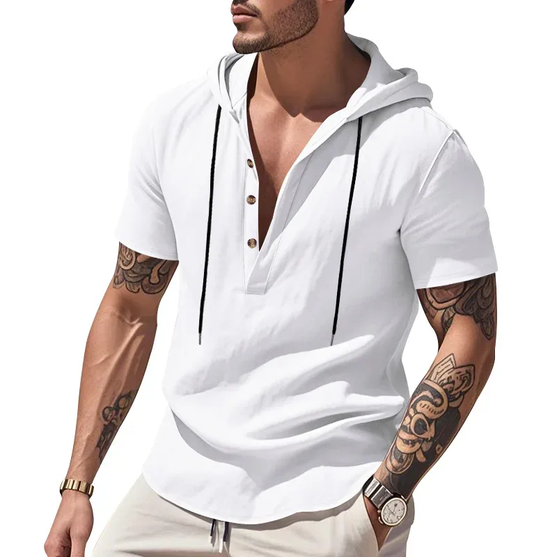 Hoodies men's sweatshirt 2026 summer linen hooded beach casual drawstring short-sleeved T-shirt sweatshirt man's clothing
