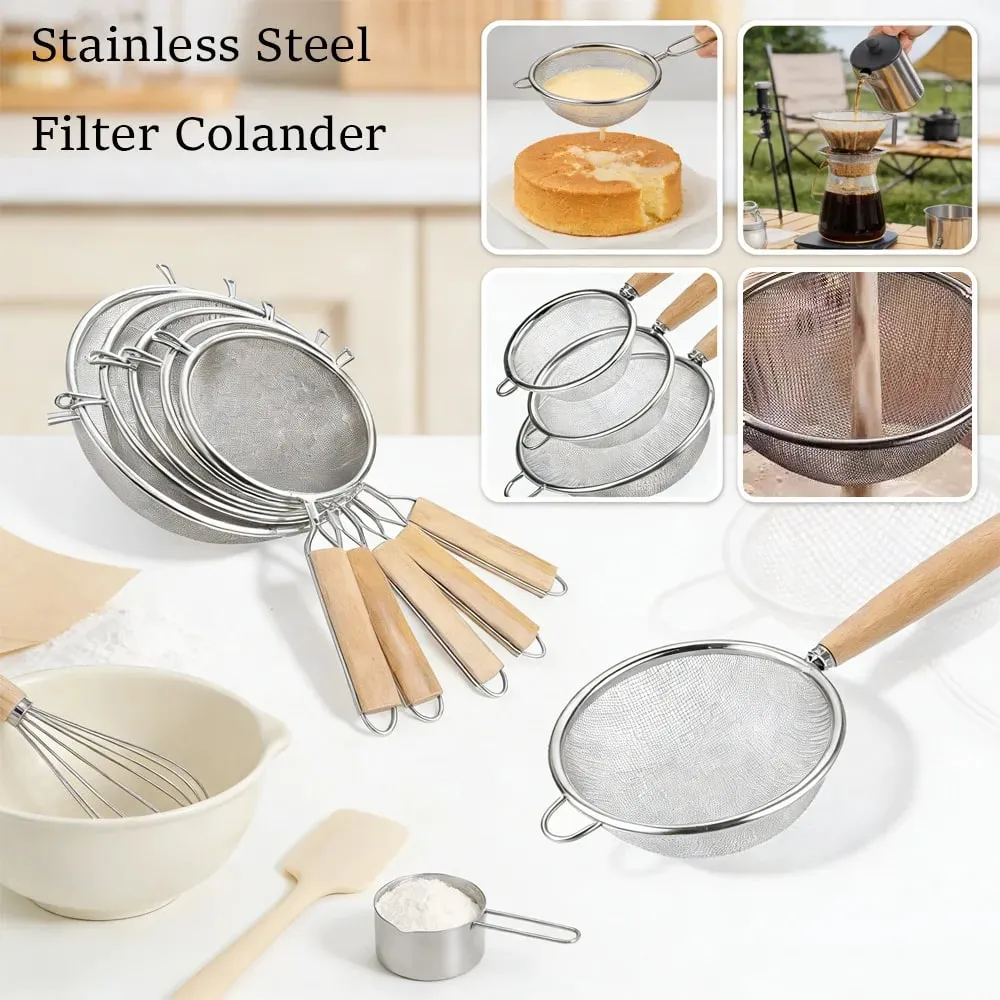 1-3pcs Wooden Handle Flour Sifter And Strainer Fine Mesh Stainless Steel for Home Baking Cooking Juice And Powder Filtering