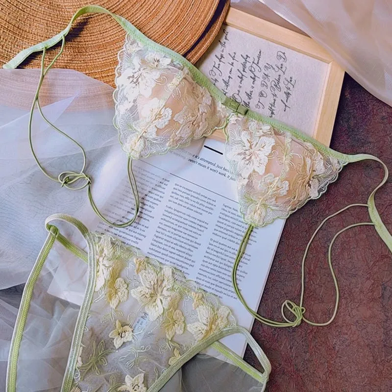 Wireless Minimizer Bralette Set Large Bust French Style Triangle Cup Lace Lingerie Pure Comfort Sexy Sheer Underwear Set Women