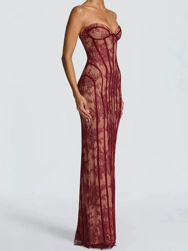 Women Backless Strapless Tulle Fishbone Dress Off Shoulder Printed Patchwork Slim Maxi Dresses 2026 Lady Chic Party Evening Gown