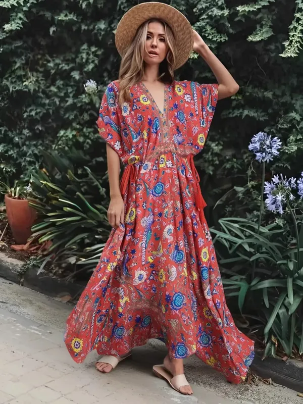 Boho Queens femmes paon imprimé fleuri manches chauve-souris plage bohème Maxi robes dames col en V gland robe d'été robes — image 6
