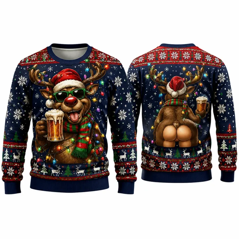 Lets Get Blitzened Reindeer Christmas Sweatshirt 3D Print Crewneck Unisex New Funny Ugly Xmas Party Holiday Jumper Autumn Wear
