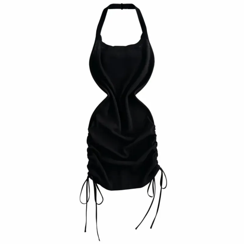 Solid Color Halter Neck Dress Sleeveless Design Drawstring Bodycon Dress Stretchy Knit Ruched Side Mini Dress Women Summer Wear