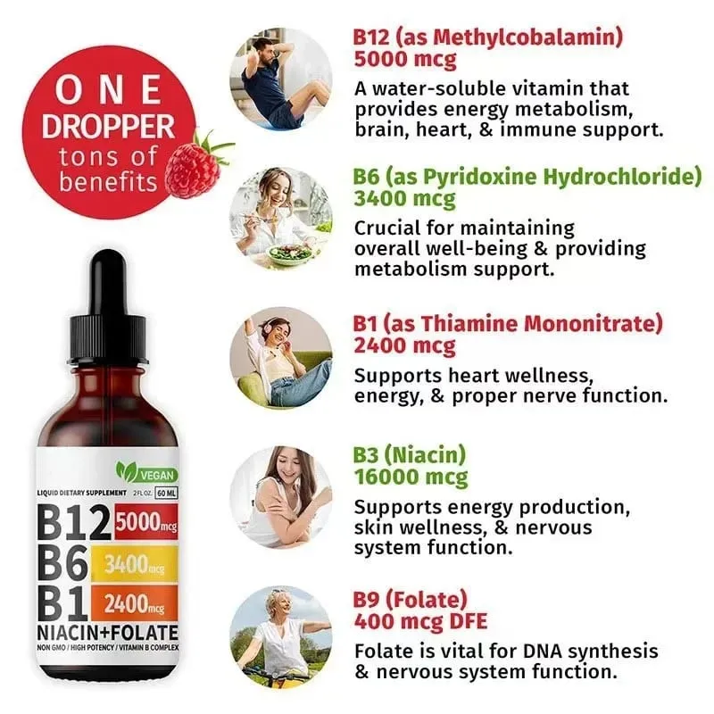 Vitamin B6 Drops Complex B12 B1 Folate Liquid Supplement Support Digestive System Drops Liquid Triple Absorption Liquid Drop — image 3