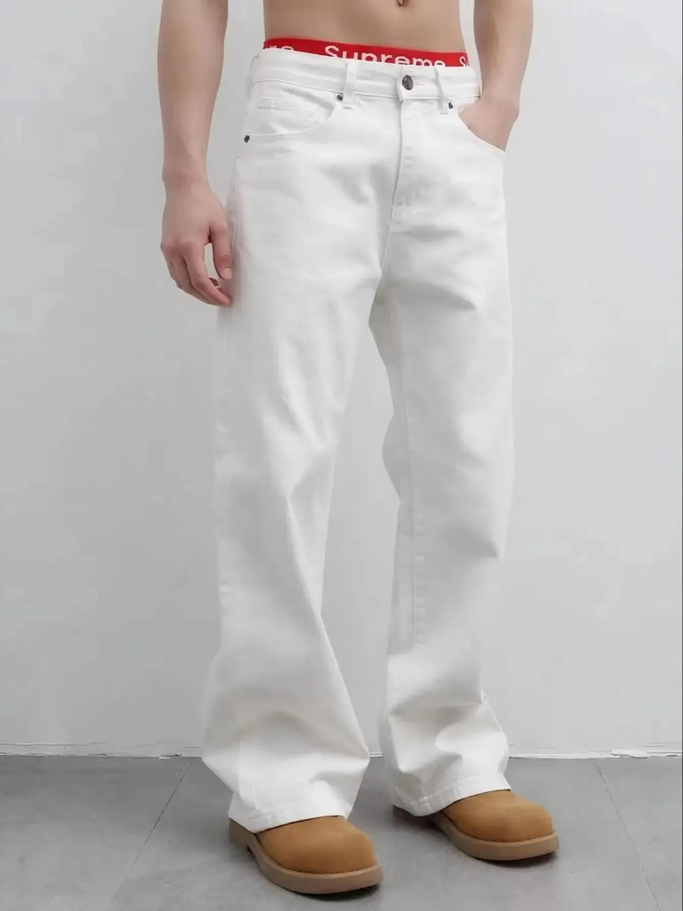 【HME】Men's Jeans | Street Fashion Denim Pants Solid White Flared‑Leg Denim Trousers With Fine Craft Stitching Versatile Casual Pants Well‑Built Denim Bottoms Trendy Male Denim Apparel For Multiple Daily Occasions