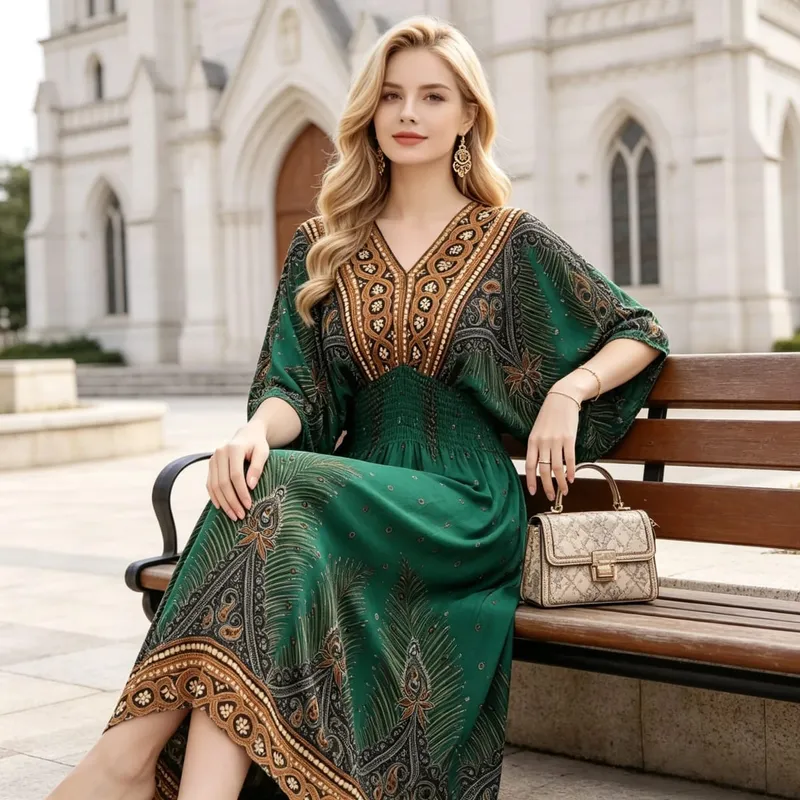 Boho Holiday Women V-Neck Batswing Short Sleeve A-Line Midi Dresses Slim Elastic Waist Casual Vintage Office Lady Elegance Dress — image 11