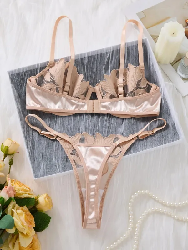 champagne Floral Embroidery Lingerie Set Satin Mesh Underwire Bra Thong Women Intimate Underwear Honeymoon Boudoir ZA824031 — image 3
