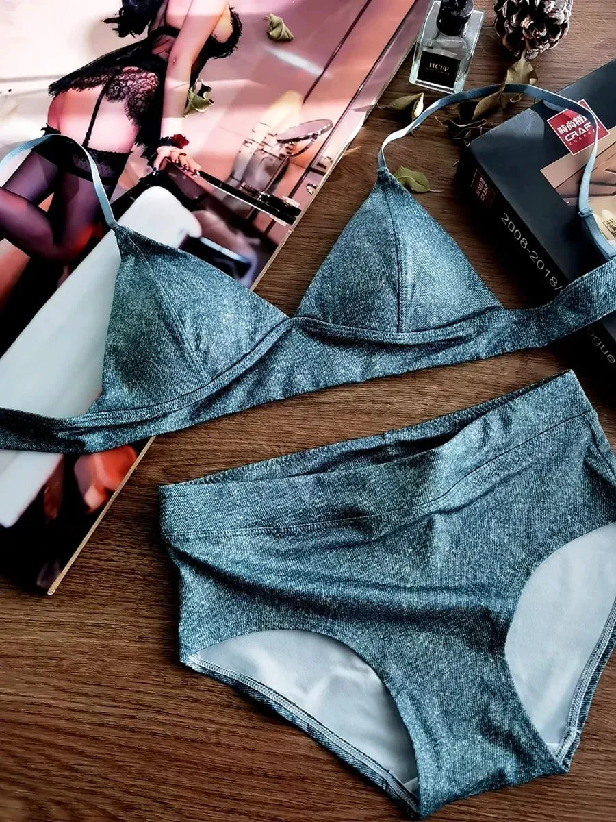 Triangle Cup Bra Set Sexy Leopard Print Ultra Thin Wirefree Bralette & Panty Lingerie for Small Breasts