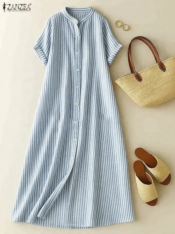 Women's Casual Striped Midi Dresses Stand Collar Short Sleeve Buttons Shirtdress Spring Summer Holiday Woman Clothes 3XL — image 1
