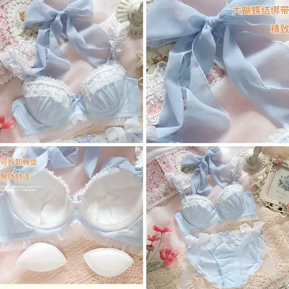 Water Soluble Lace Bra & Panty Set with Push Up Steel Ring Bows - Fresh Blue Lingerie for Women — image 1