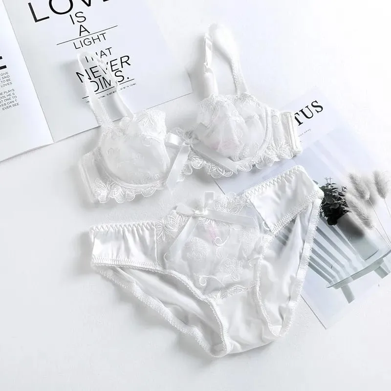 high quality sexy women bras and brief two piece set push up A B C D cup wire summer lingerie underwear pink purple white